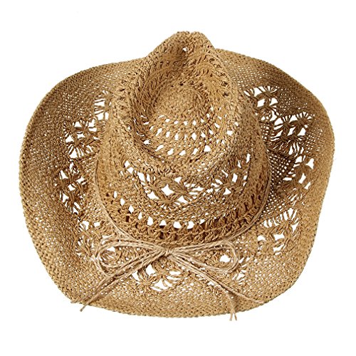 Image of Men & Women's Summer Cowboy Cowgirl Straw Hat Hollow Out Woven Roll Up Wide Brim Sun Hat with Chin Strap