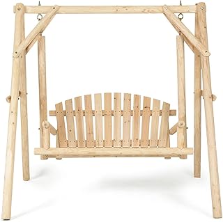 Wooden Porch Swing Outdoor Patio Rustic Torched Log Curved Back Bench A-...