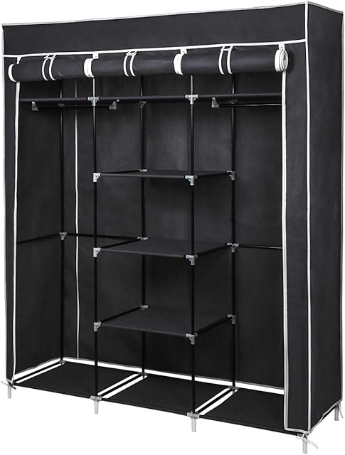 Meerveil Wardrobe, Wardrobes for Bedroom, Canvas Wardrobe, Storage Organizer for Clothes, Portable Wardrobe with 2 Clothes Rails, 175 x 150 x 45 cm (Black)