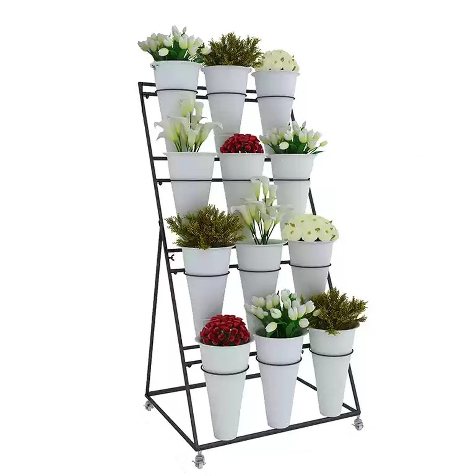 Support plantes 4 étages en métal sur roulettes avec seaux