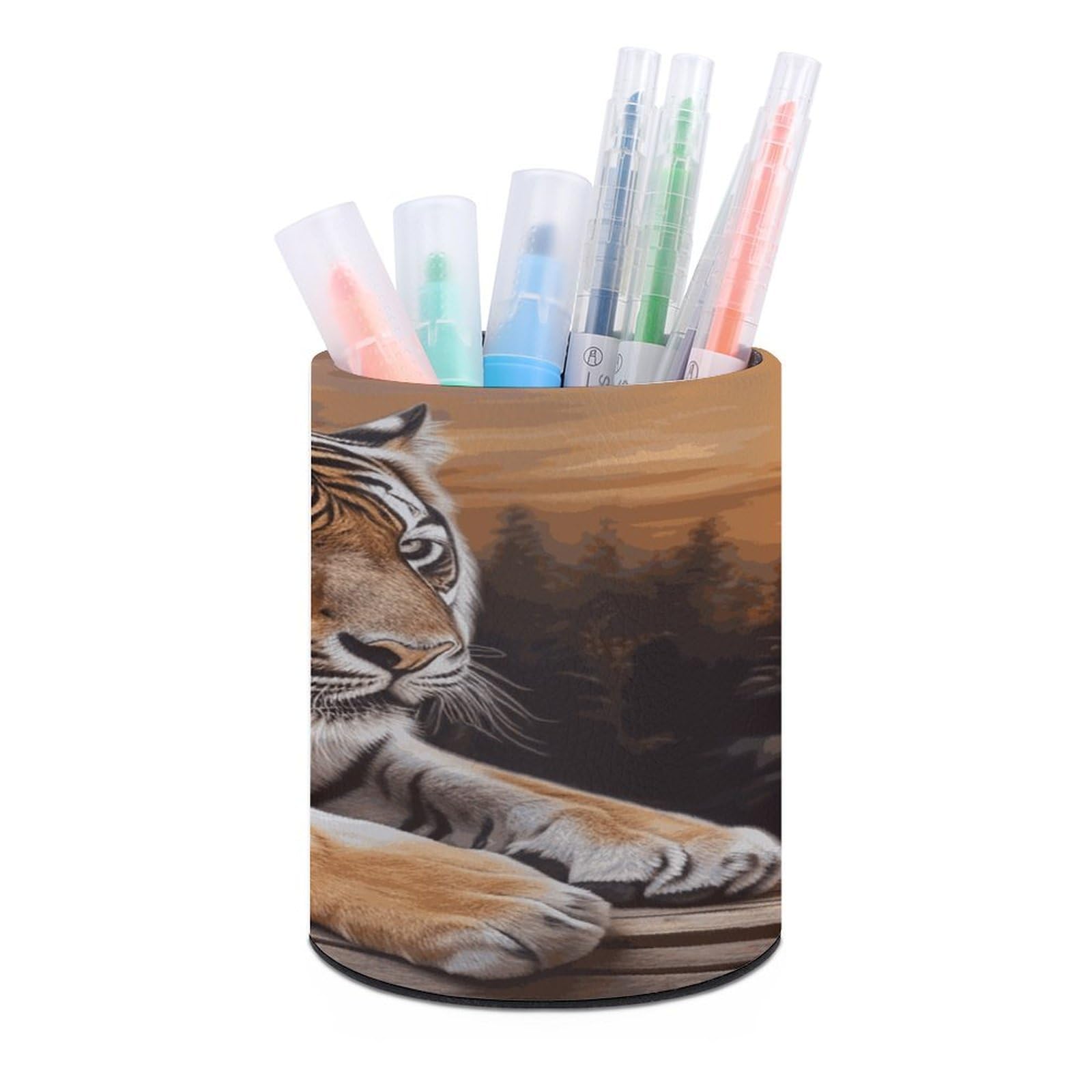 LDGSUPH Tiger Lying on Wood Round Pen Holder Leather Pen Cup Pencil Cup Pen Organizer Pencil Holder for Desk Organizer Pencil Organizers Makeup Brush Holders for Home Office Gift