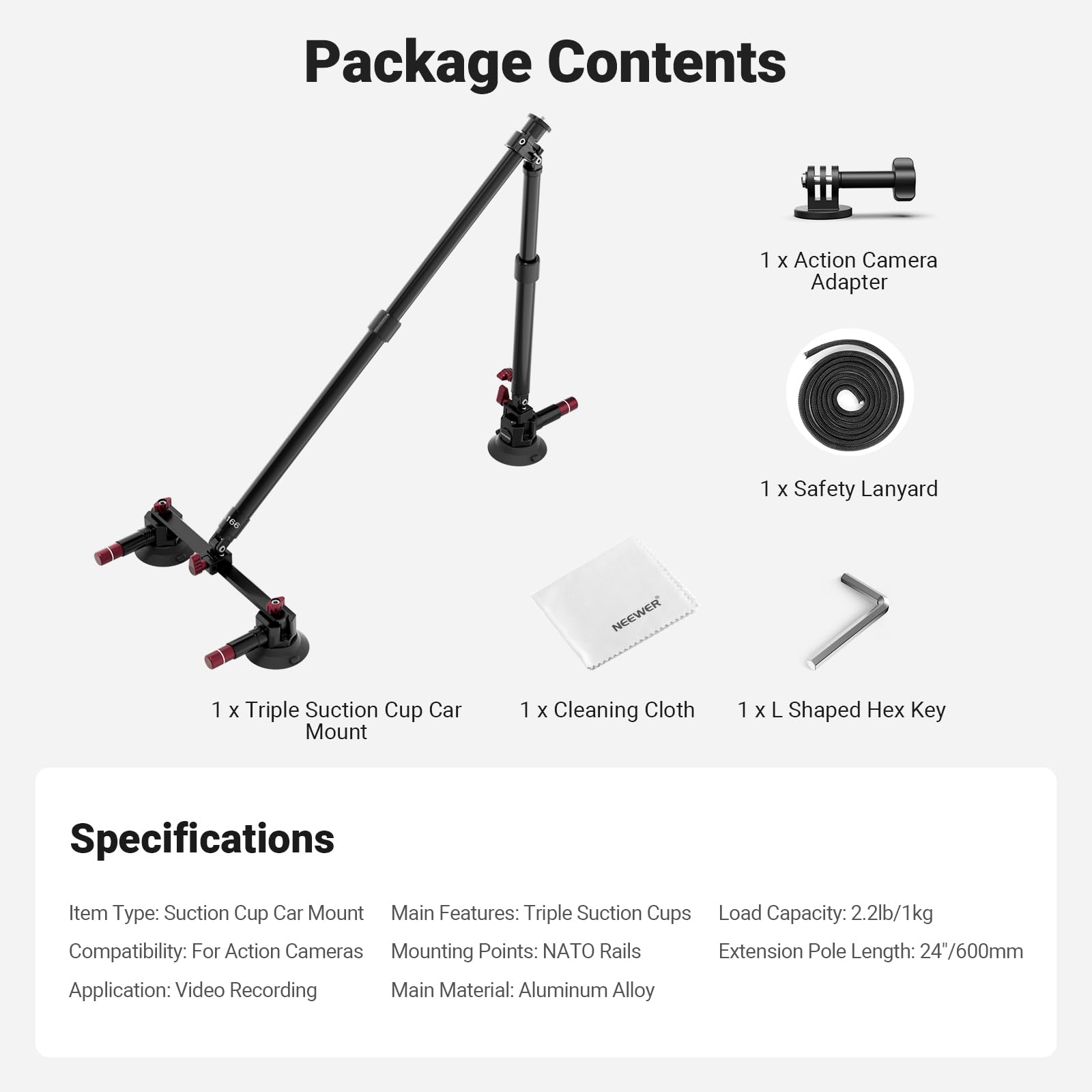 NEEWER Potrójny uchwyt z przyssawką, dwa drążki przedłużające ze stopu aluminium, szyna NATO, adapter kamery sportowej, kompatybilny z GoPro DJI Insta 360, maks. obciążenie 2,2 lb, CA166