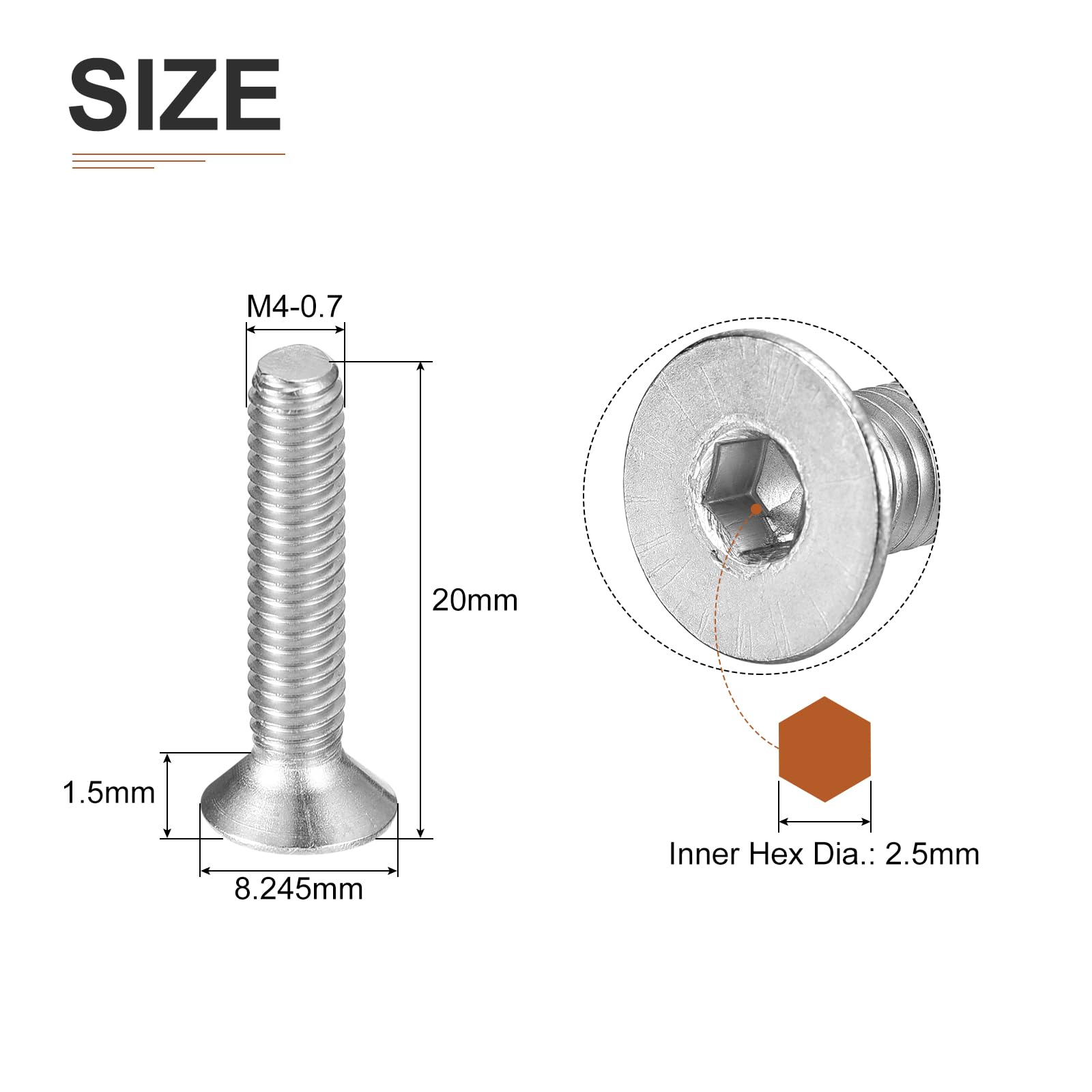 DTGN M4-0.7 x 20mm Flat Head Socket Cap Screws, 30 Pack 304 Stainless Steel Hex Socket Flat Head Screws, Full Thread, Countersunk Bolts - Image 2
