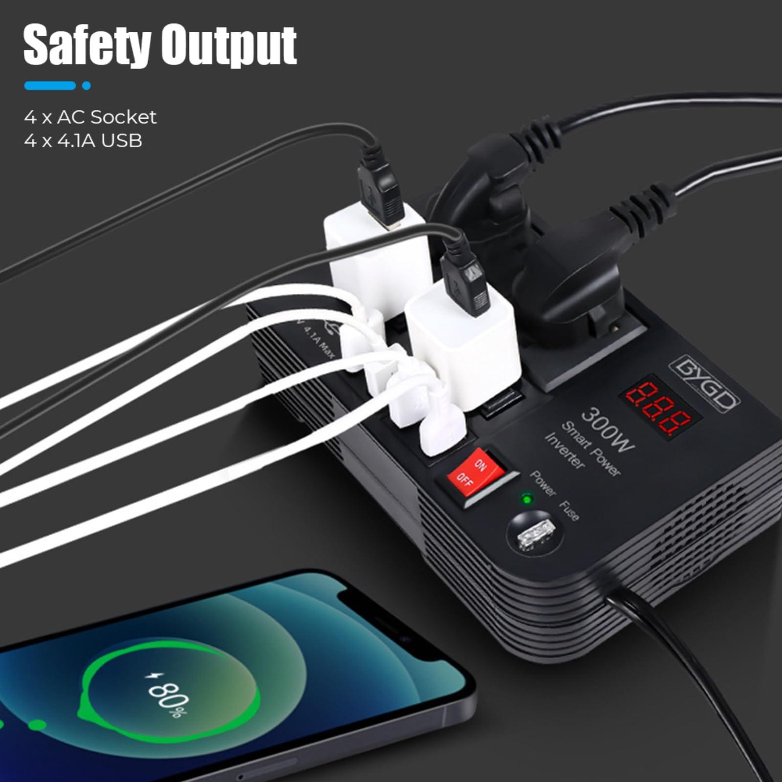 Inversor Onda Pura 12 V CC A 220 V CA 300 W Interruptor Encendido/Apagado 4 Tomas CA 4 Puertos USB Protección contra Sobrecargas Adaptador Corriente