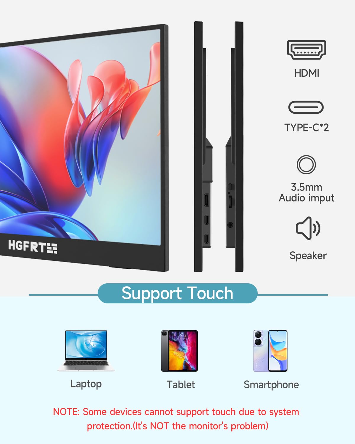 HGFRTEE Monitor Portatile Touch Screen 14 Pollici, 1920 x 1200 Schermo Portatile, IPS, sRGB 100%, USB C e Mini HDMI, VESA, supporto pieghevole, Altoparlanti Doppi per Laptop/PC/Cellulare