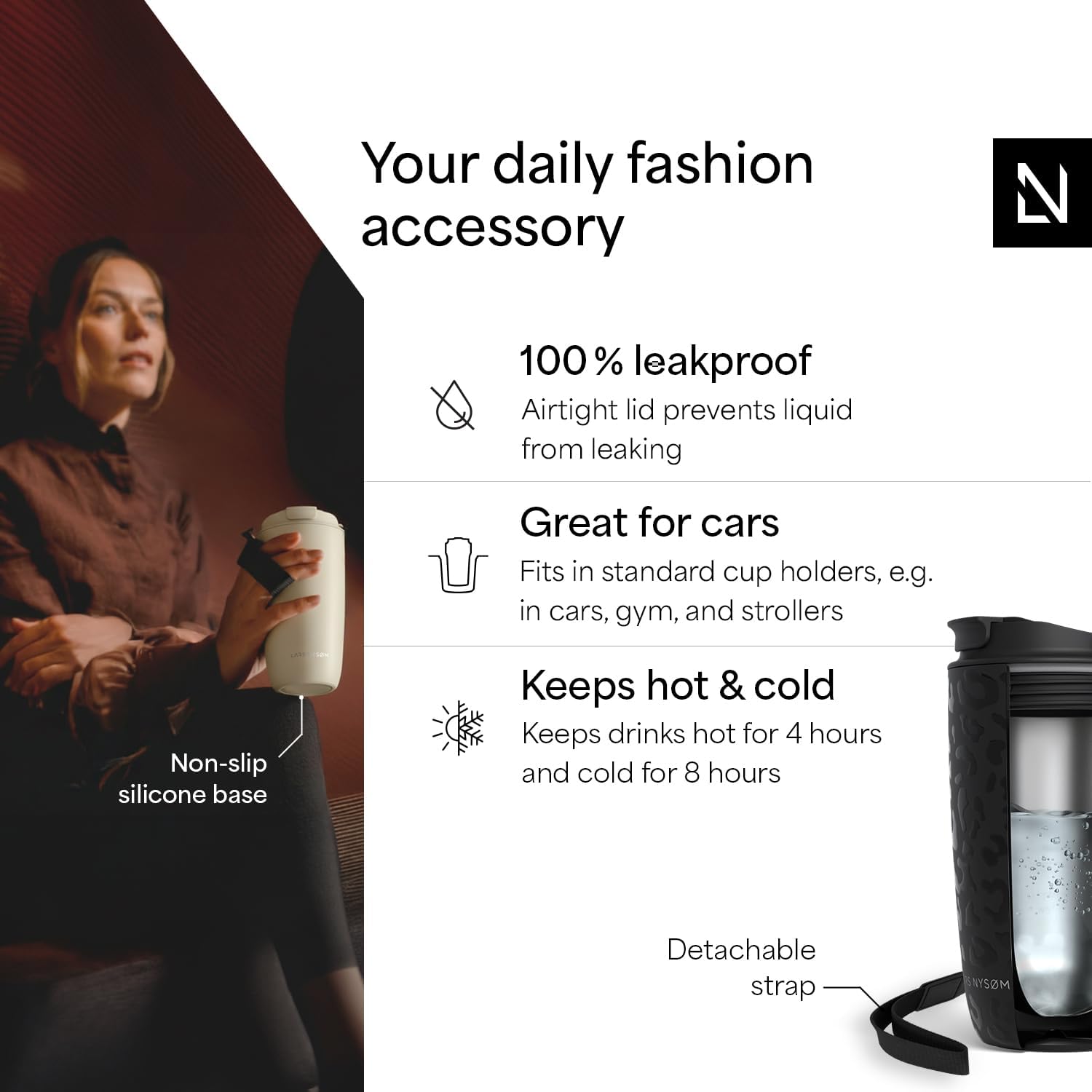LARS NYSØM Thermo Coffee Mug-to-go with Strap 17oz | Travel Mug with Insulation | Leak Proof Stainless Steel Thermal Tumbler with Pattern Design for Coffee and Tea to Go