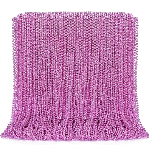 Image of EOBOH 144PCS Bead Necklace, Metallic Pink Mardi Gras Rose Necklaces Bulk, 33 inch Mardi Gras Round Beaded Necklace Stuff, Festival Parade Throw Accessories Wedding Gender Reveal Party Supplies Decor