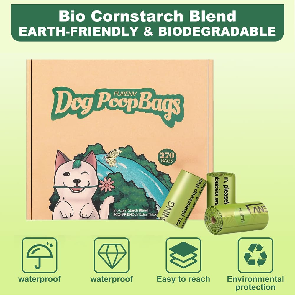 PURENV Biodegradabili Sacchetti Cane, Sacchetti per Cani, Extra Spesso a Prova di perdite, Sacchetti Cane Fatti da Miscela di Amido di Mais (270 Sacchi)