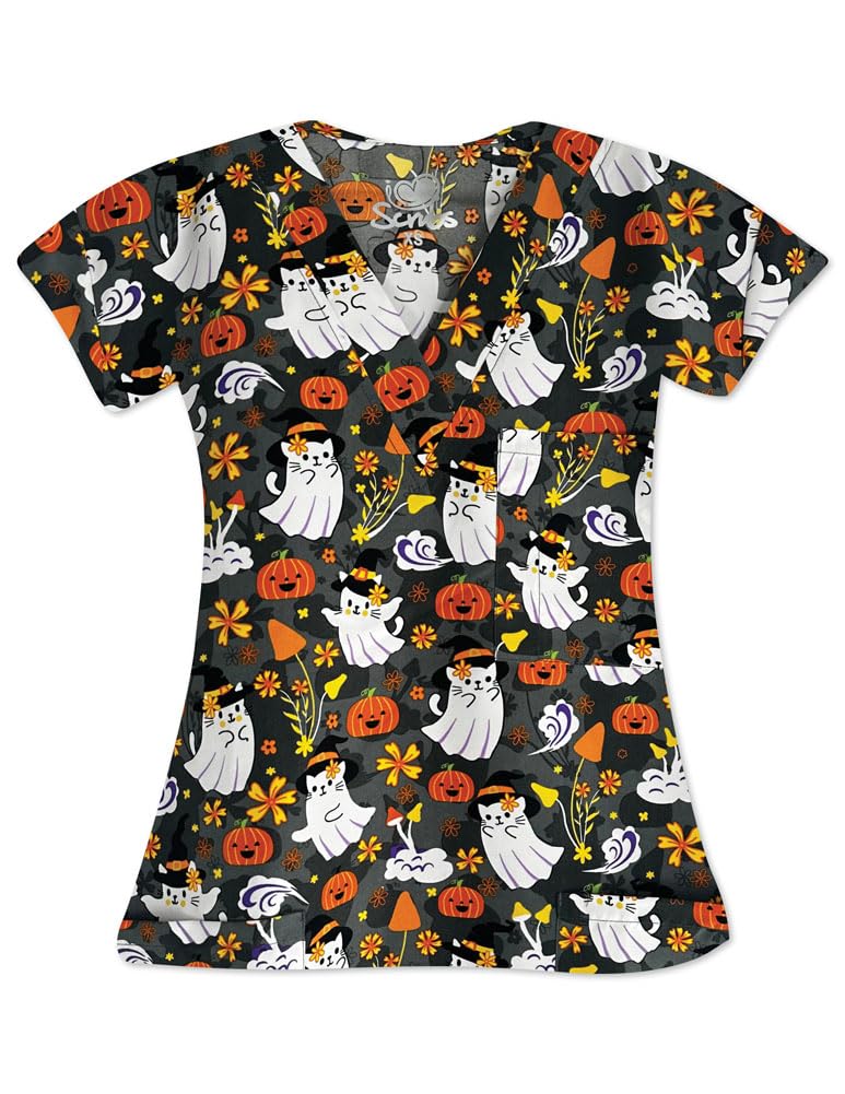 I Love Scrubs Halloween Scrub Top for Women, V-Neck, Sizes XS-3XL (US, Alpha, X-Large, Regular, Regular, KITTY GHOST)