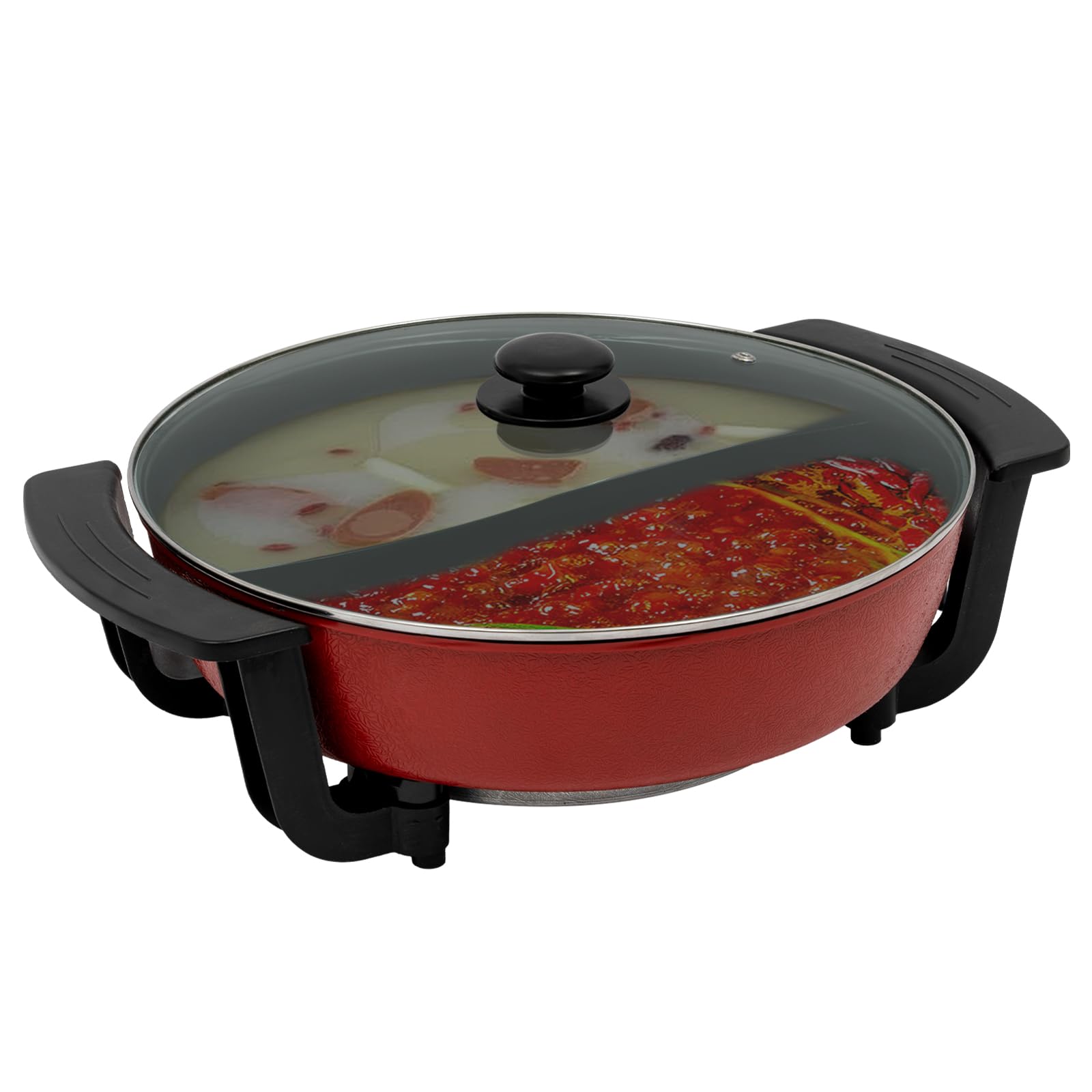 Hot Pot - Wok eléctrico, olla con divisor, cacerola de cocina, olla antiadherente china, fácil de limpiar, calentamiento rápido para el hogar, la oficina y el dormitorio, color rojo