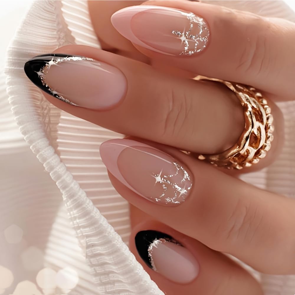 24Pcs French Tip Press on Nails Almond,Fake Nails,Glossy Almond Reusable Press on Nails Short Oval False Nail Kit for Women (French Pink Black, Short)