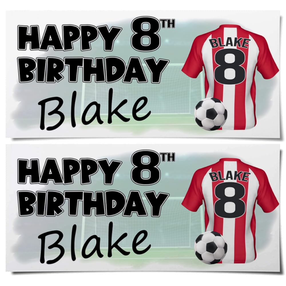 Personalised Football Birthday Banners - Red and White Striped Colour Shirts with Any Name & Age/Number – Boys & Girls Party Decoration – Custom Birthday Supplies (Pack of 4)
