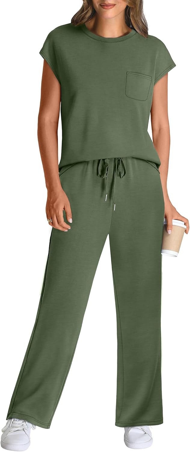 WIHOLL 2 Piece Sets for Women Casual Summer Travel Vacation Outfits Cap Sleeve Lounge Set - Image 2