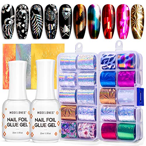 Modelones Foil Glue Nail Art with Starry Sky Star Foil Stickers Set Nail Transfer Tips Manicure Art DIY, 23 PCS Nail Stickers, Holographic, LED Lamp Required