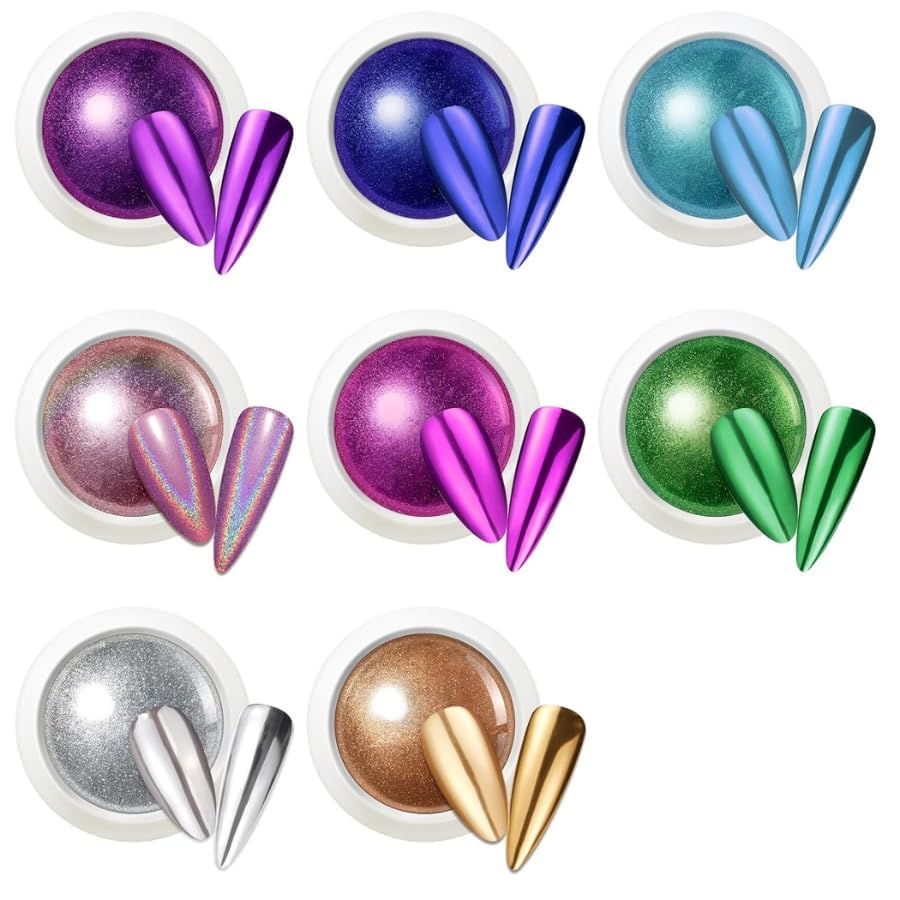 Metallic Chrome Nail Powder Set, Mirror Effect Nail Art Powder, Holographic Pigment Glitter Dust for Gel Polish Manicure Decoration with Eyeshadow Sticks (Metallic Chrome)