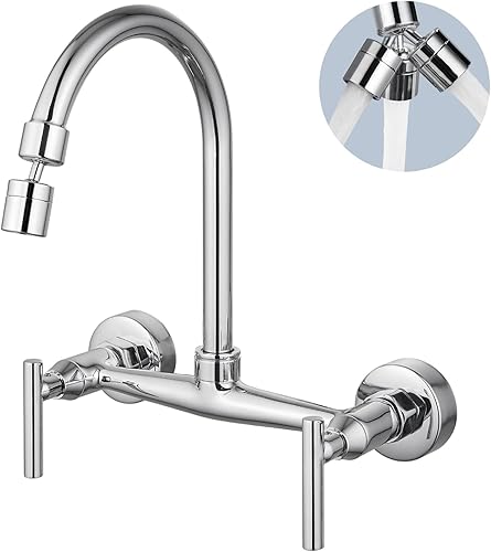 Miniatura 2 de Airuida Grifo de fregadero de cocina de montaje en pared cromado de 8 pulgadas, centro de doble mango, montaje en pared, grifo de fregadero de