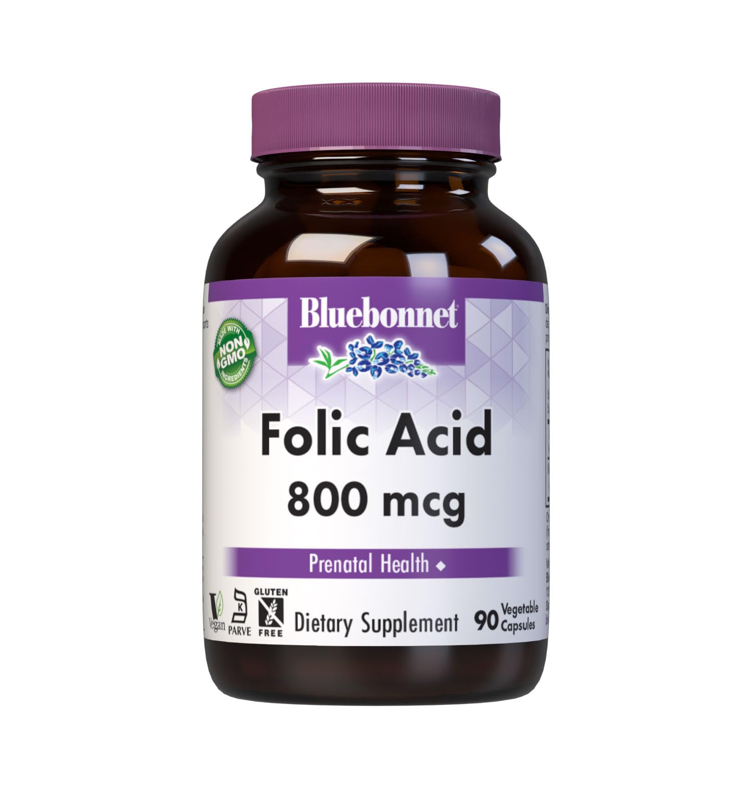 Bluebonnet Nutrition Folic Acid 800mcg, Healthy Neurological Development*, Soy-Free, Gluten-Free, Non-GMO, Kosher Certified, Dairy-Free, Vegan, 90 Vegetable Capsules Unflavored 90 Count (Pack of 1)