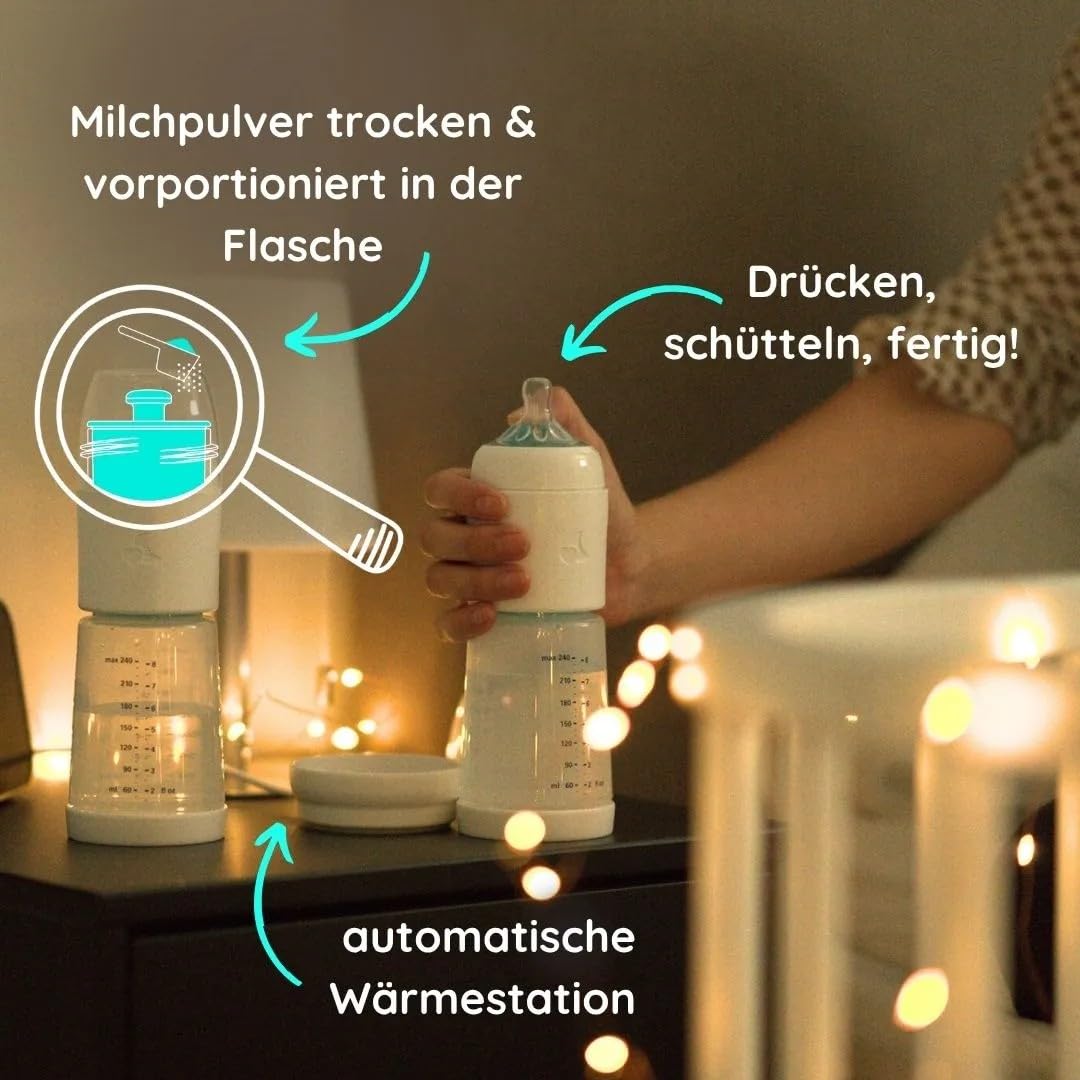 SNOOZI 2er-Set – Baby Nachtflasche mit Flaschenwärmer (2 Flaschen pro Nacht) Babyflasche mit integriertem Milchpulver-Behälter in der Flasche