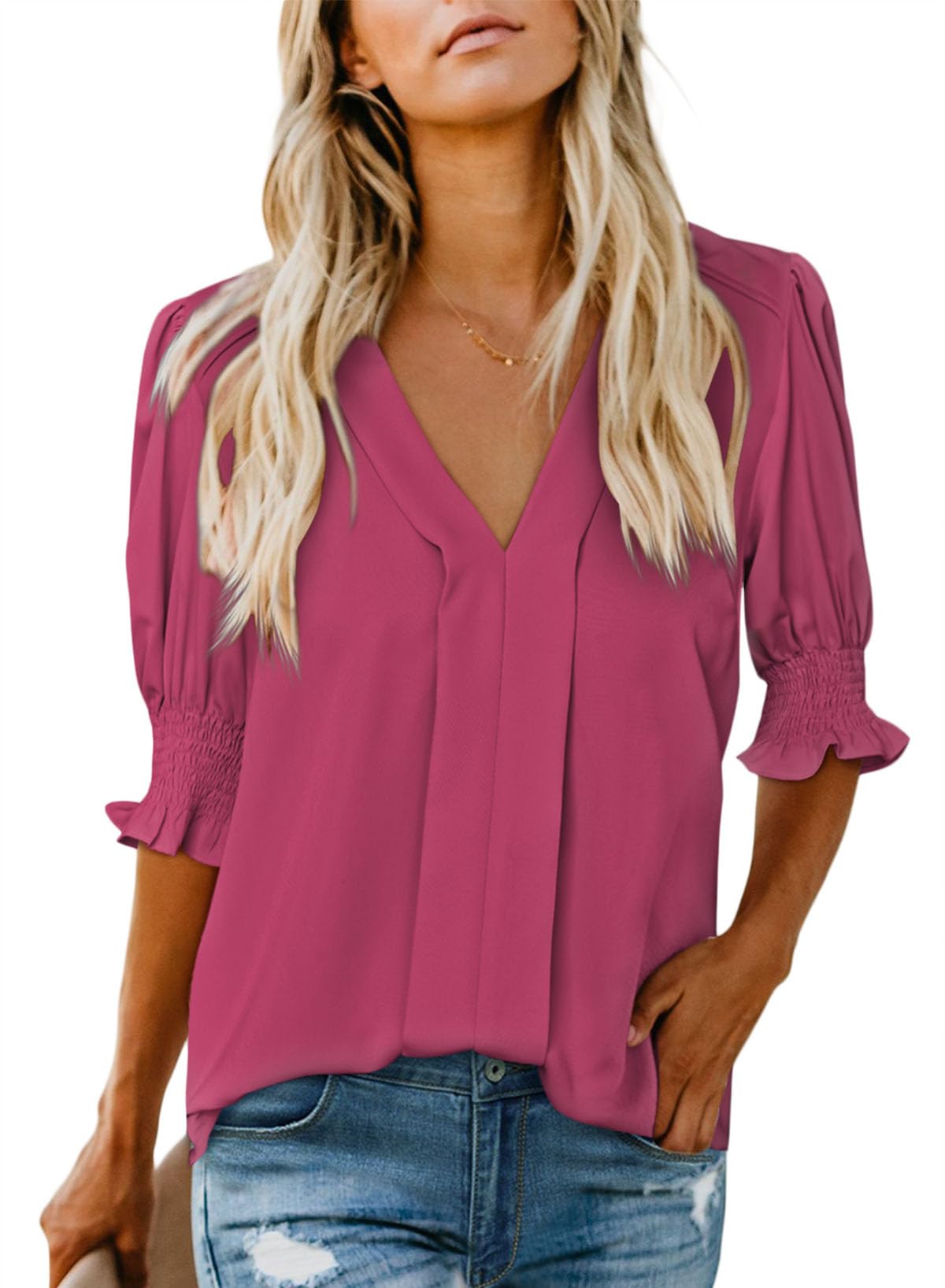 EVALESS Womens V Neck Blouses Dressy Fashion 2024 Casual Summer Puff Ruffle Short Sleeve Shirt Tops