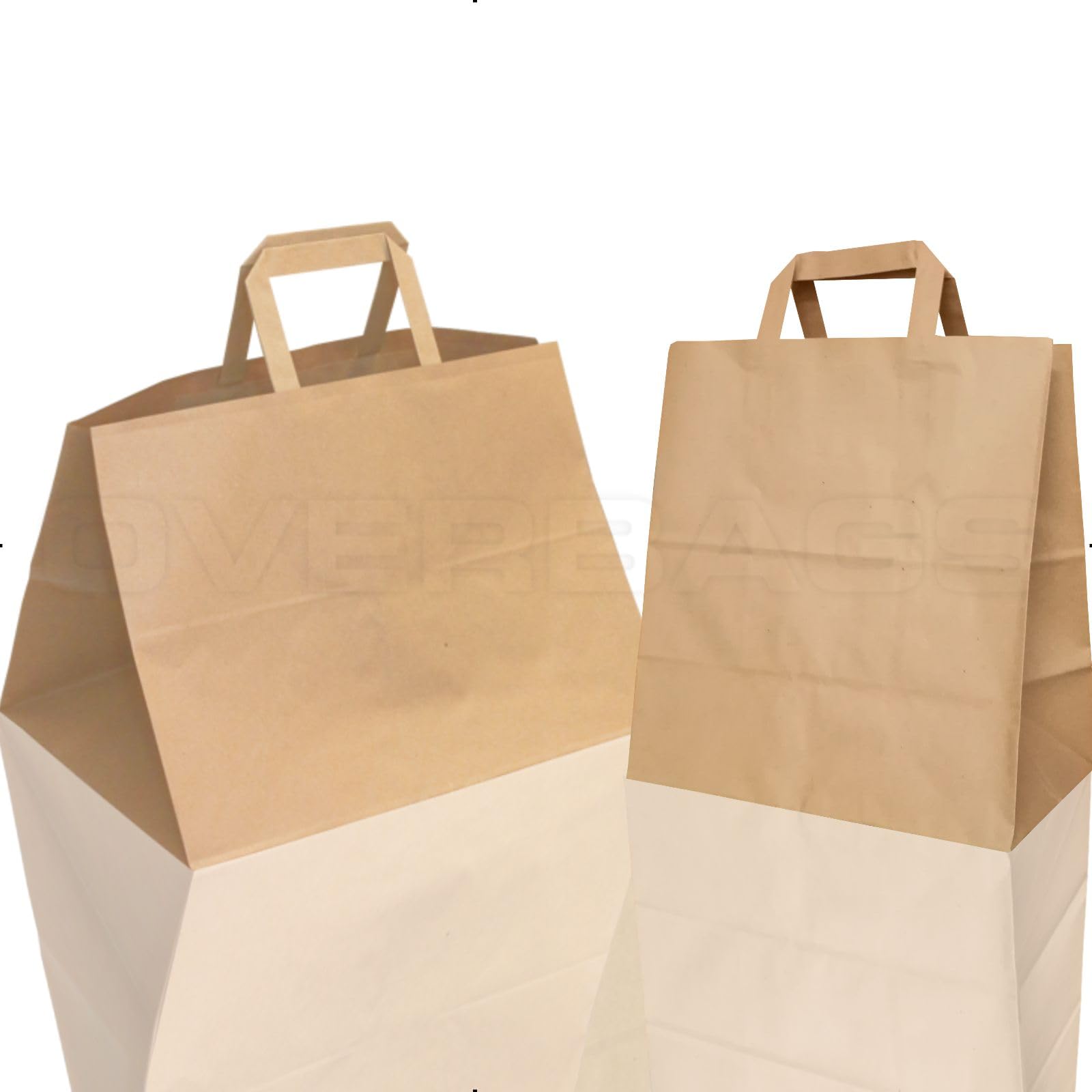 OVERBAGS - Borse shopper sacchetti take away di carta manico piattina colore avana - Dimensione cm 32x21x27, Confezione pz 25