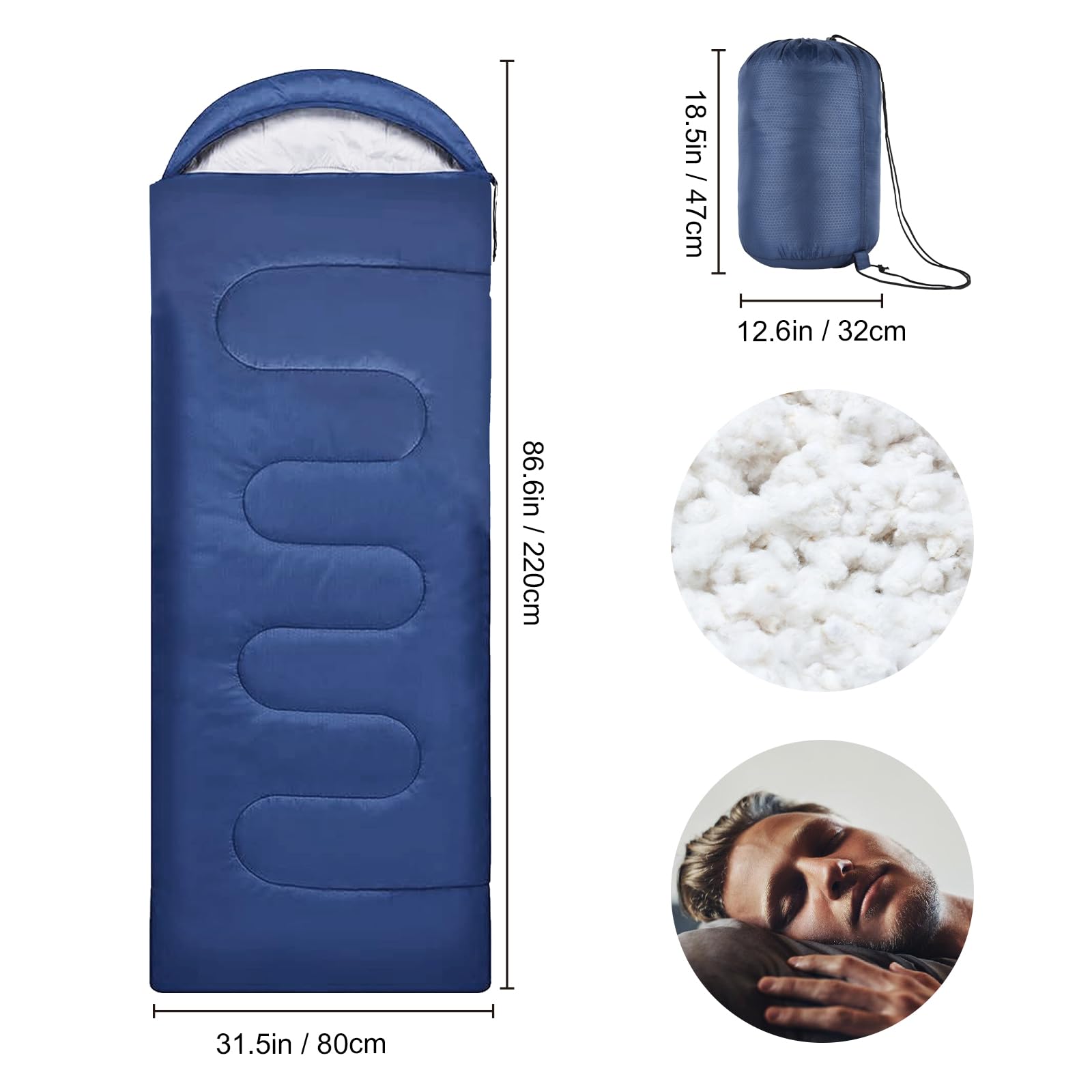 Tiazhan Saco de Dormir, Saco de Dormir Ultraligero para una Sola Persona de 4 Estaciones para Adultos y Niños, Saco de Dormir Cálido e Impermeable, Elementos Esenciales - 220 x 80 CM (Azul)