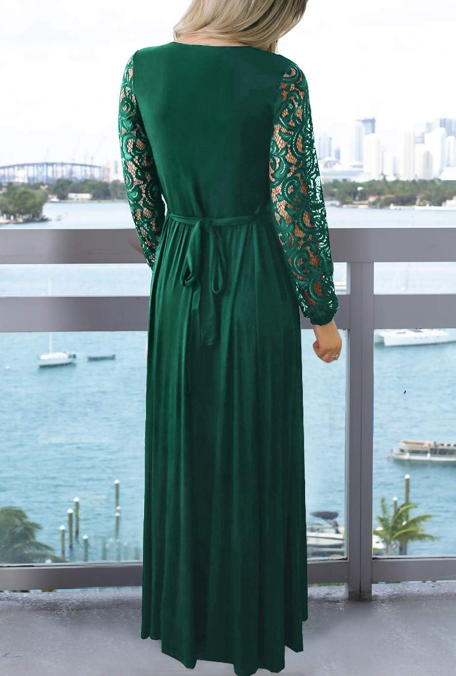 Kranda Womens Vintage Floral Lace Long Sleeve Faux Wrap V Neck Party Long Maxi Dress - Image 3