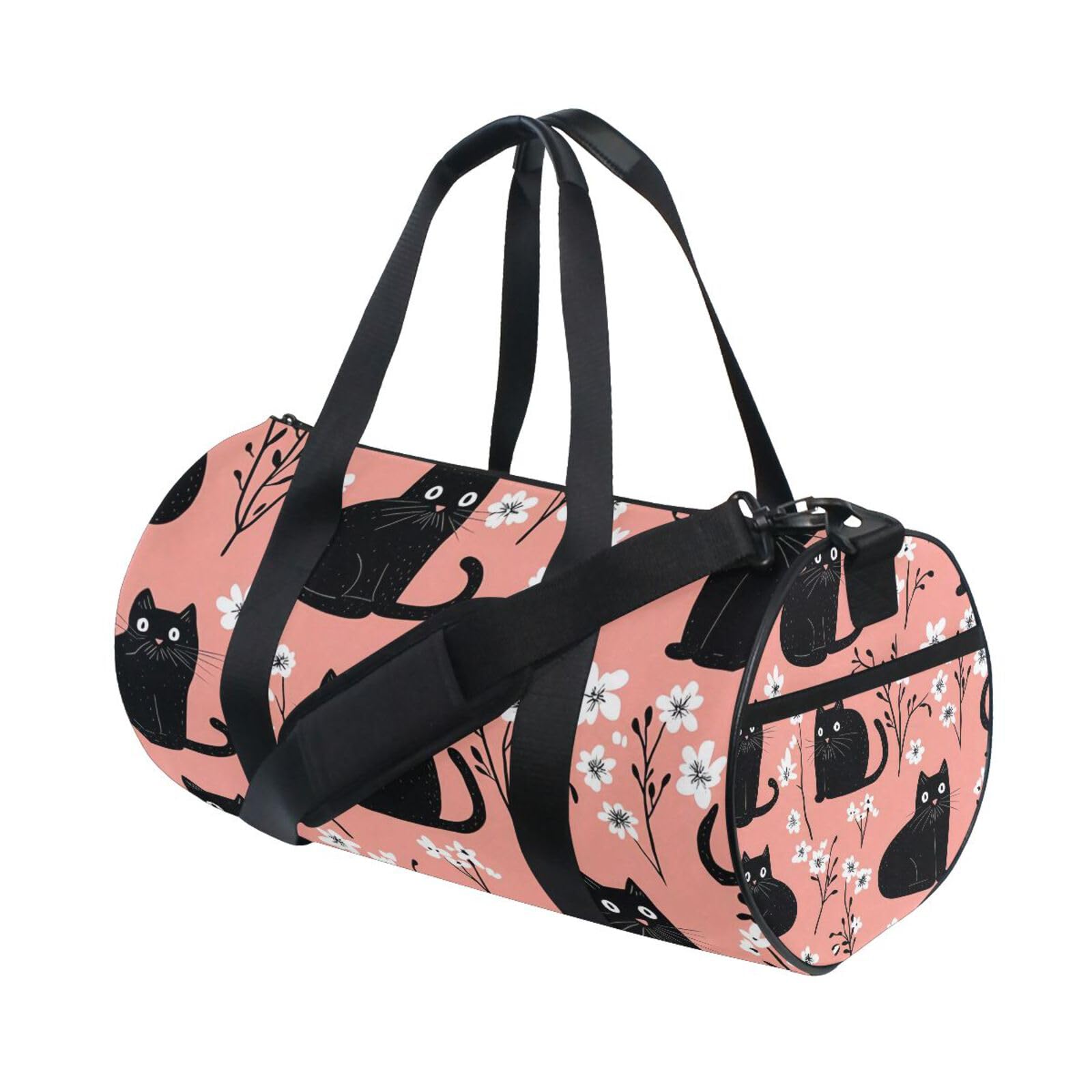 BOESI Doodle Black Cat and Flower Travel Gym Bag, Lightweight Sports Bag, Hand-carrying and Shoulder-carrying, Suitable for Men and Women