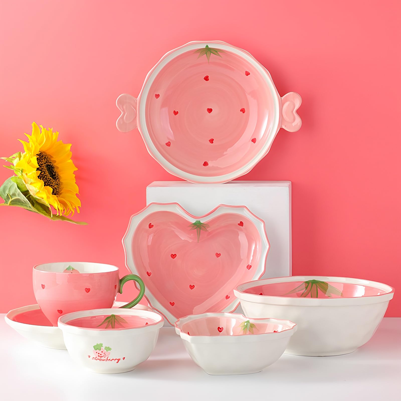 Piatto da Cena in Ceramica, Piatto a forma di cuore rosa, Adatto per Varie Insalate di frutta Dessert Pasta e Bistecca, Forno a Microonde e Forno