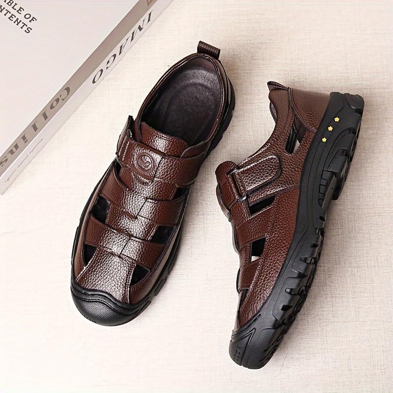 Men's Closed-Toe Leather Strap Business Sandal Genuine Leather Fisherman Sandals Anti-Slip Platform Summer Hollow Sandals for Casual Outdoor Travel3