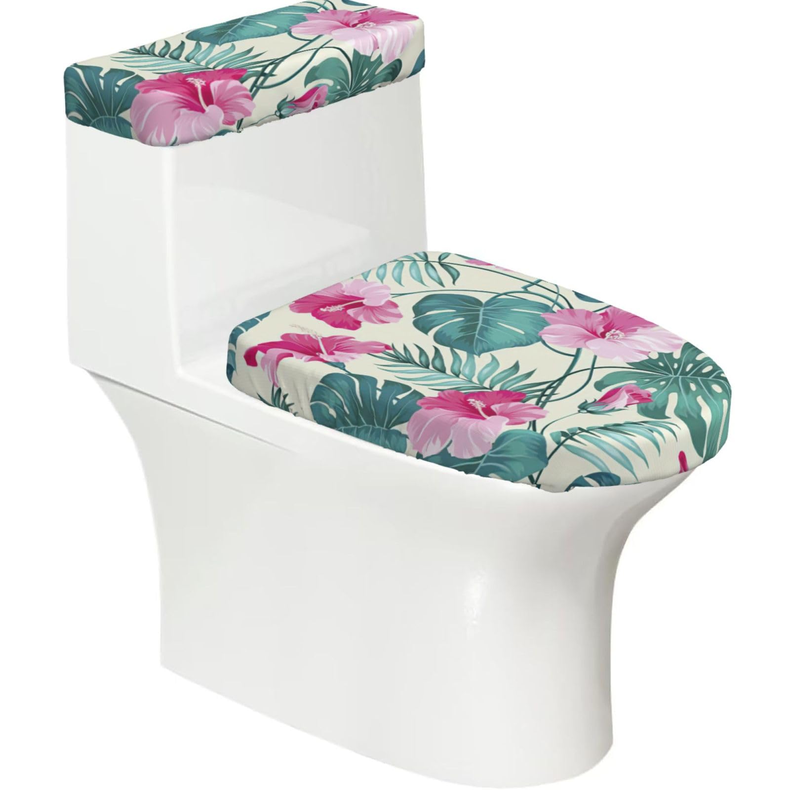 Palm Tree Leaf Print 2-Piece Stretch Toilet Cover Set, Elastic Breathable Toilet Seat and Tank Lid Protector