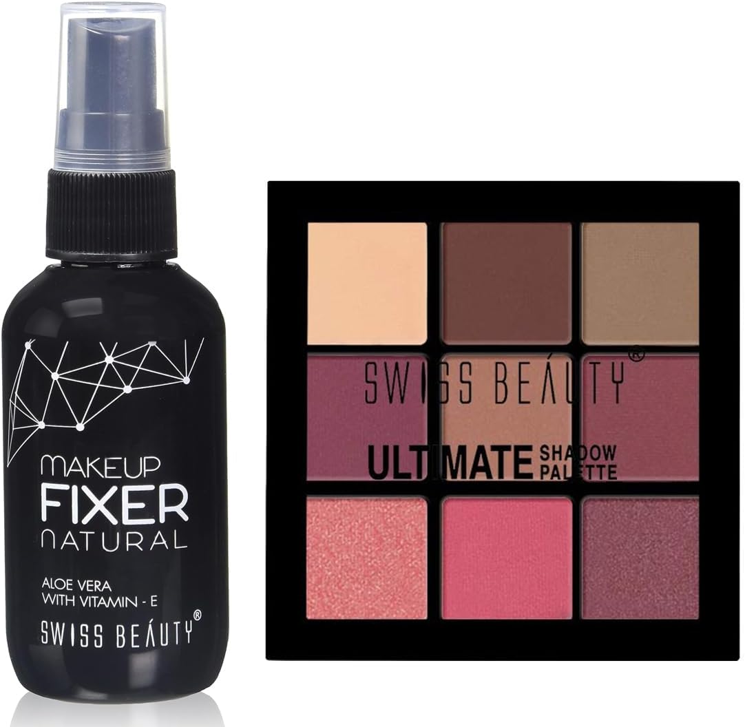 Swiss Beauty Long lasting Misty Finish Professional Makeup Fixer Spray for Face makeup|70 ML| & Ultimate 9 Pigmented colors Eyeshadow Palette| Multicolor - 01, 6gm |