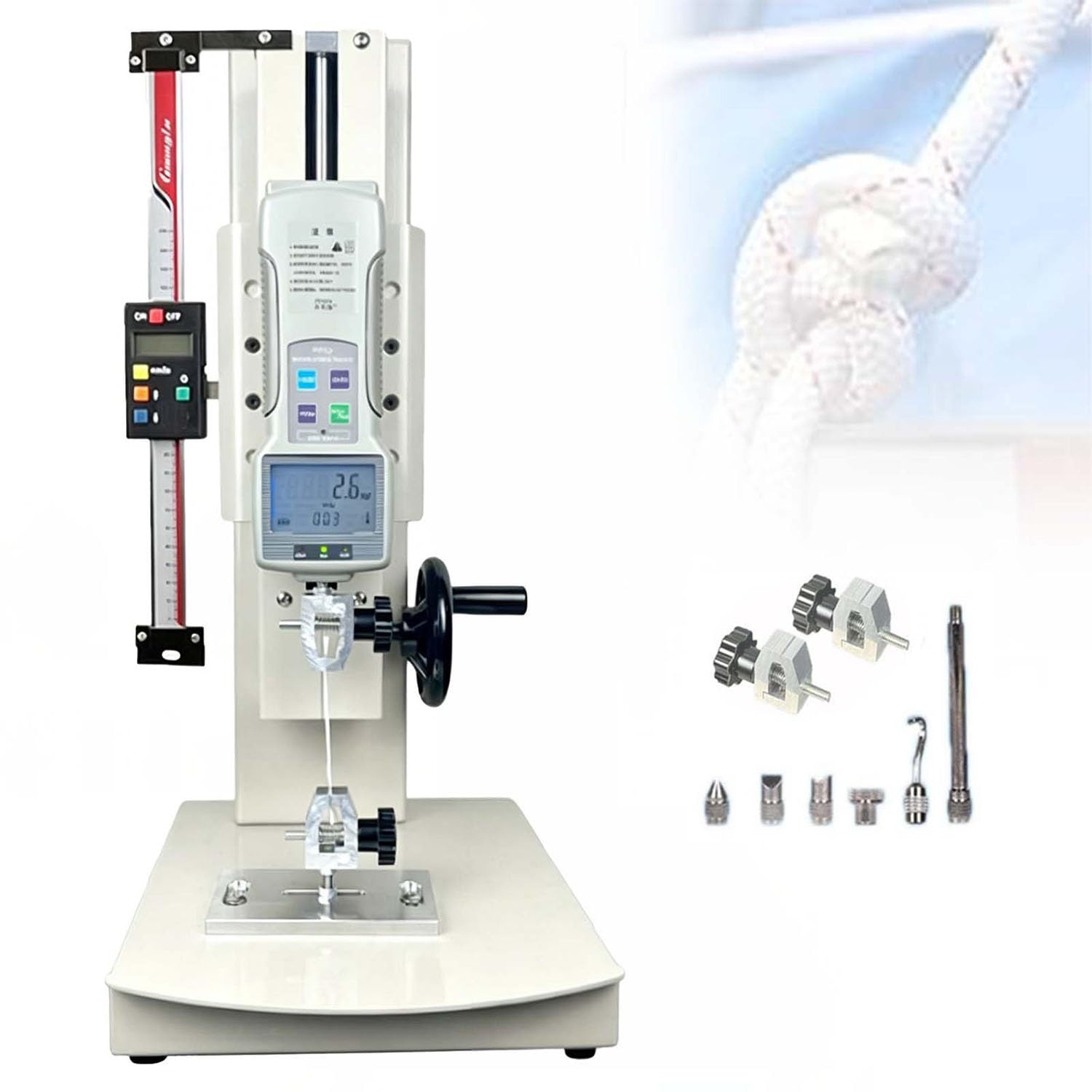 Digitale Zugprüfmaschine, Push-Pull-Messgerät mit übersichtlichem Display | Von 10–2000 N Kapazität, 270 mm Hub, Handradbedienung for Druck- und Zugtests, USB-Datenexport