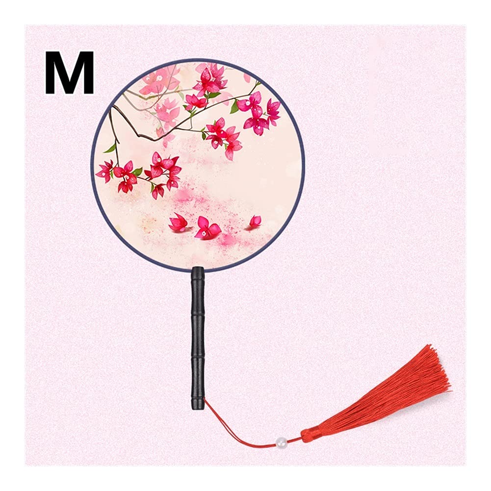 NZPOST Folding fan Chinese Japanese Style Hand Fan with Wooden Handle Portable Handheld Vintage Round Tassel Dance Fan Wedding Favors fan (B)