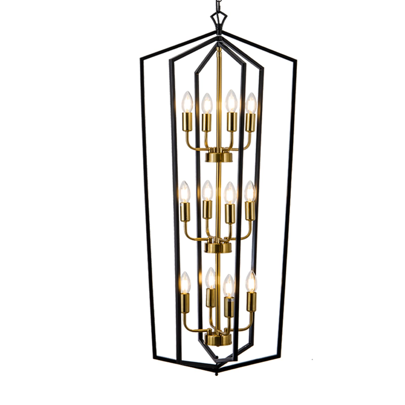 Lanhall 12-Light Lantern Tired Foyer Entryway Hanging Lights Farmhouse High Ceiling Pendant Lights Industrial Chandelier for Hall Foyer Entryway Living Room-Brushed Brass