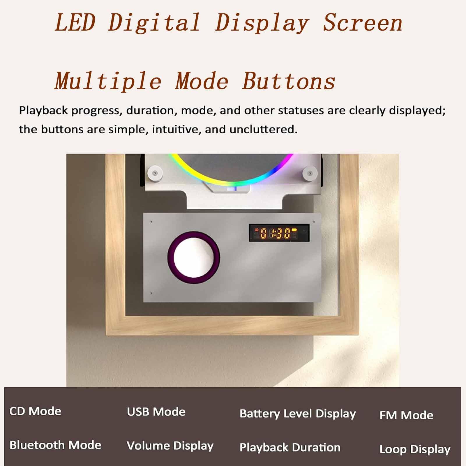 Lettore CD montabile a parete con telecomando e altoparlanti, cornice decorativa musicale con uscita 2 vie/USB/AUX e 6 effetti di illuminazione per corridoio di casa