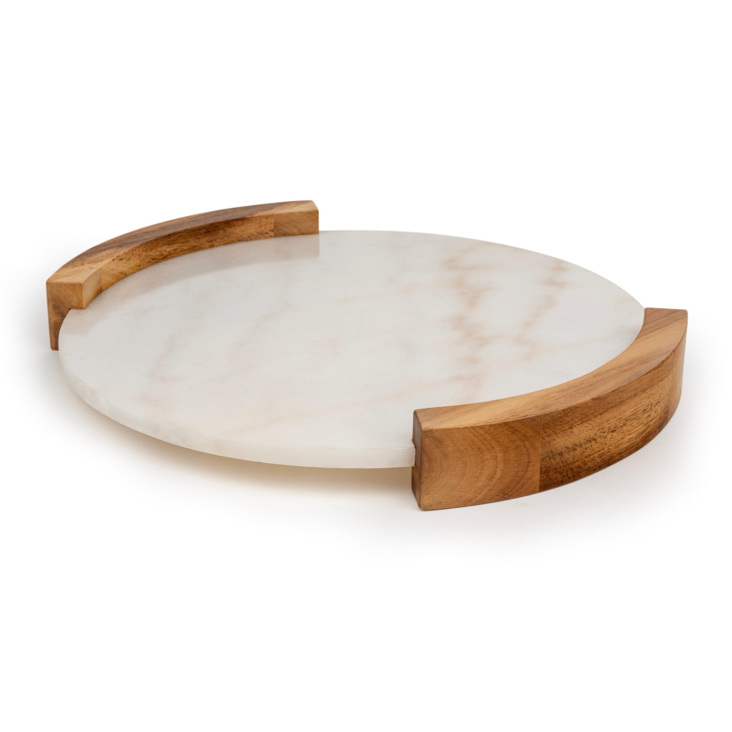 Bredemeijer Large Round Serving Tray Diameter 35 cm Marble Tray with 2 Side Wooden Handles Ideal for Serving Drinks and Snacks