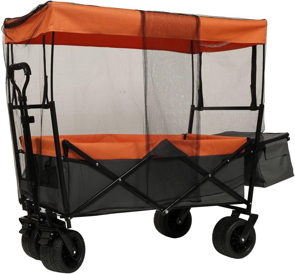 500Lbs Collapsible Wagon with Canopy, Lightweight Foldable Wagon Heavy Duty Utility Outdoor Garden Cartwith Mosquito net, Large Capacity for Camping, Shopping, Sports, and Garden Use (Orange)