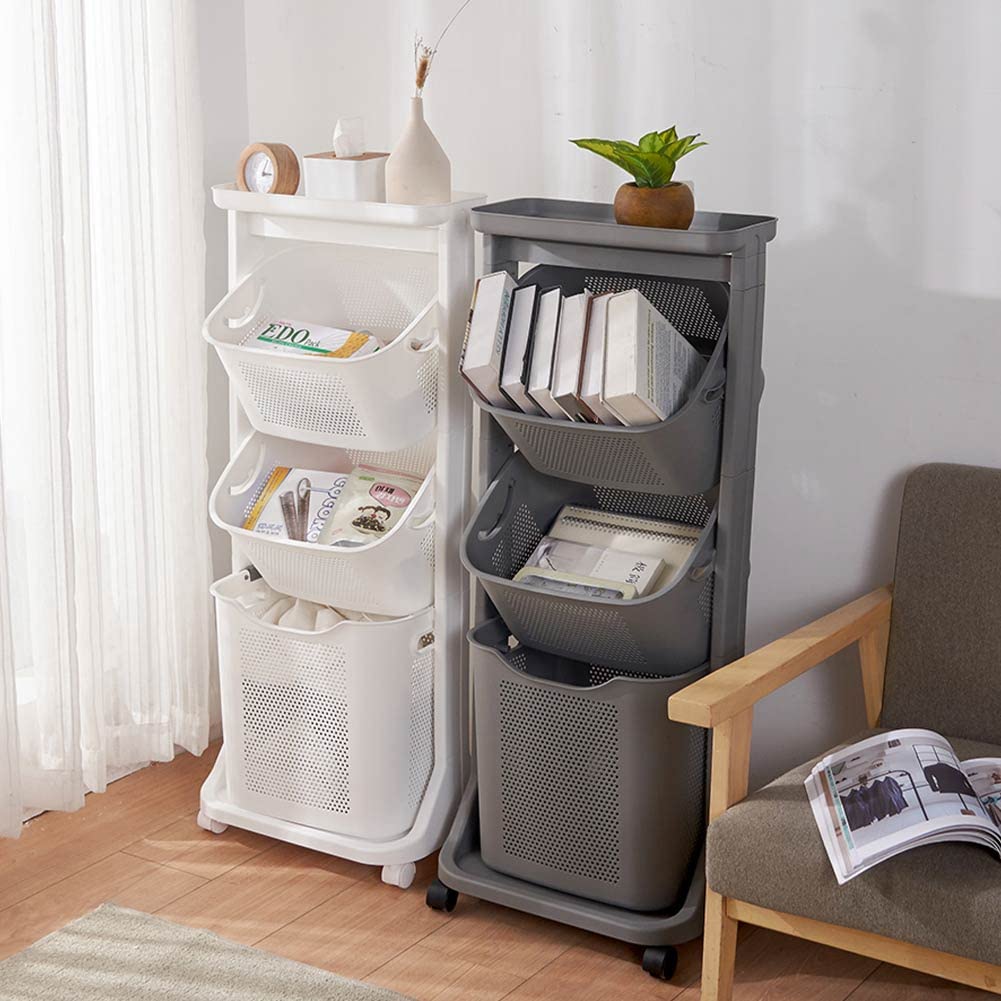 Shally Dogan Carrello Portabiancheria 3 Ripiani Multifunzione, 3 Litri di Capienza, Carrellino Salvaspazio, 1 Cesta Estraibile e 2 Cestelli Basculanti, 4 Ruote Girevoli a 360° (Grigio)