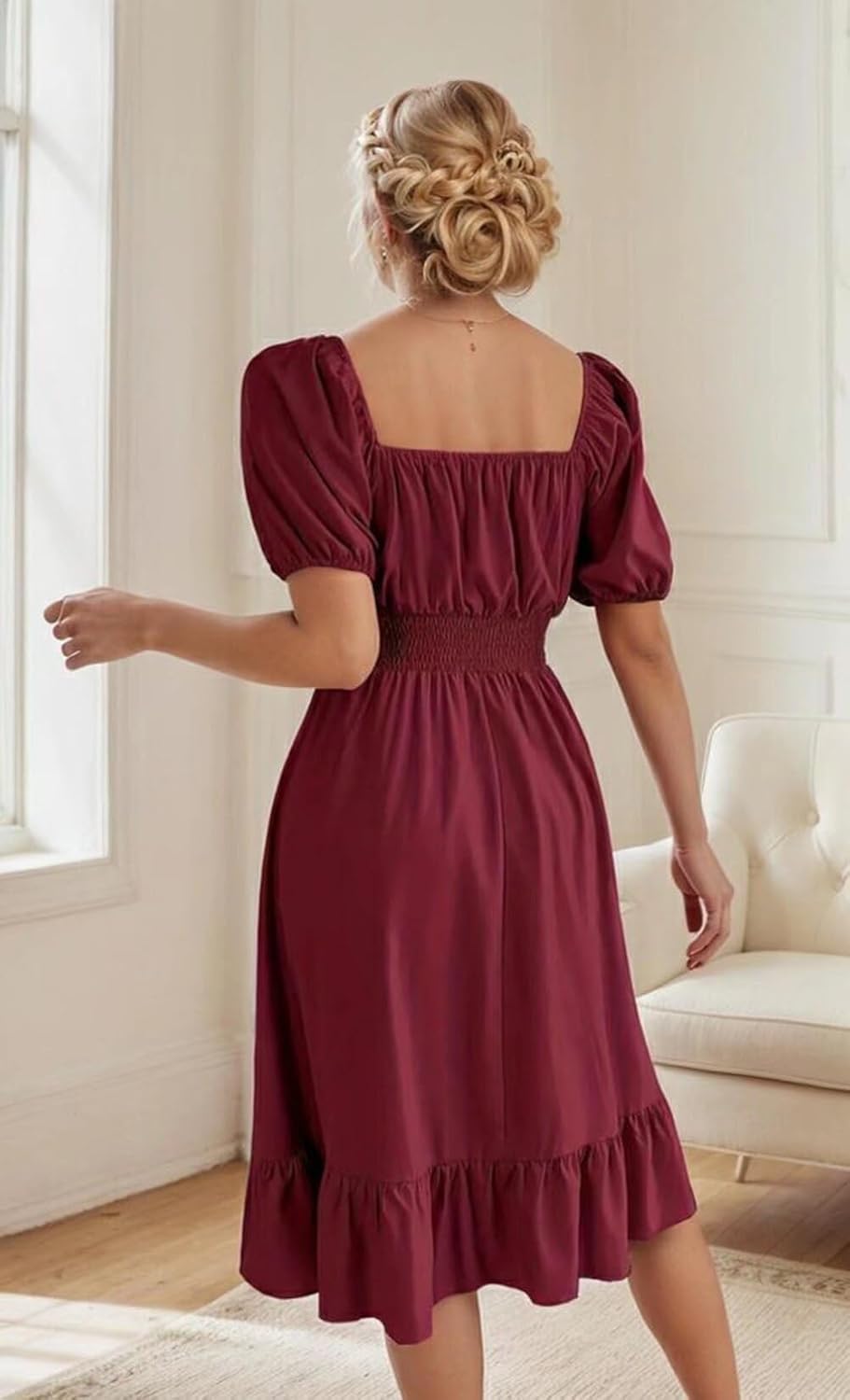 VKEGNIO Square Neck Ruffle Hem Dress for Women Cute Short Puff Sleeve Dresses Casual Ruffle Shirred Flowy Party Mini Dress - Image 6