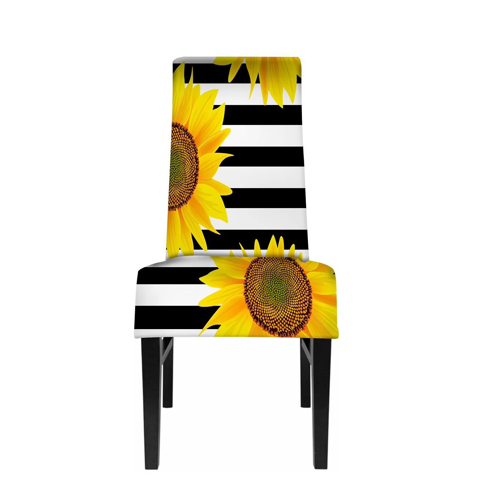 WONDERTIFY Sunflowers Chair Covers for Dining Room Yellow Flora Stretch Slipcovers Chair Protector Decor for Home and Banquet Striped Black White