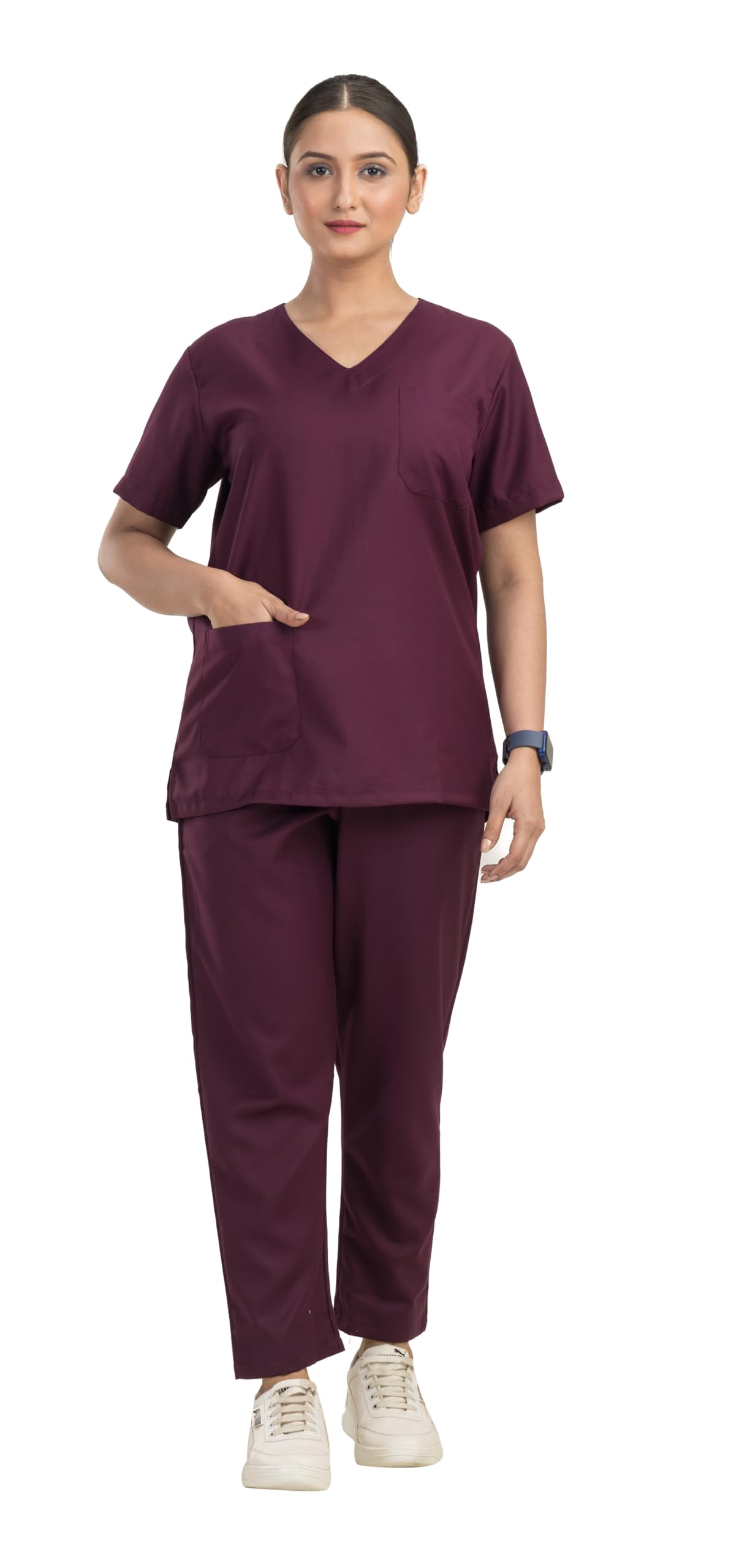 HOSPRIQS Poly Cotton V-Neck Scrub Dress With 2 Pockets Top & Regular Type Trouser Ideal For Doctors & Surgeon (Wine) (Large) (B0CW1PFXP8) Amazon Price History, Amazon Price Tracker