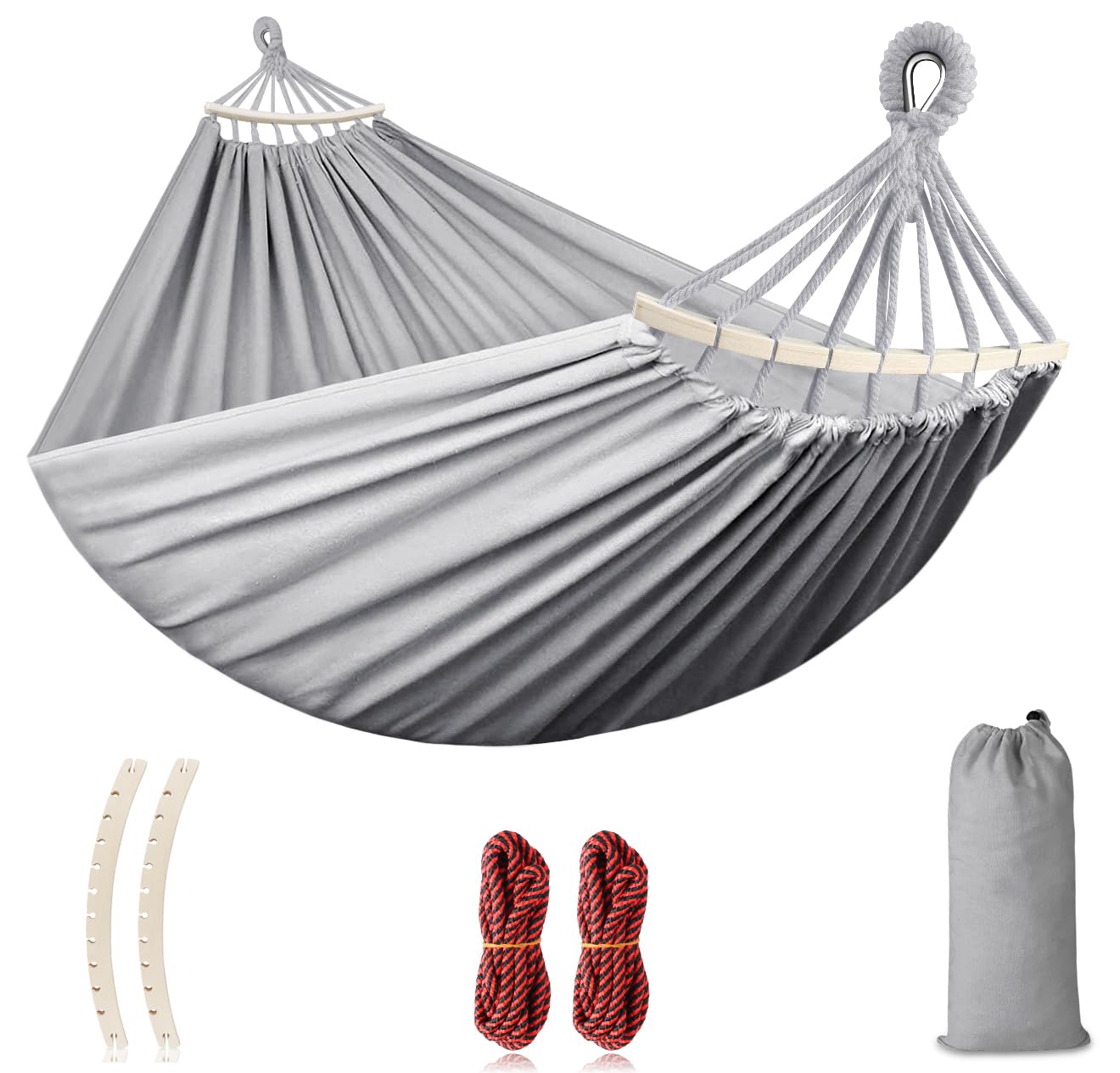 Hamaca Colgante Tela con Travesaños de Madera, 275 x 155 cm Hamaca Jardin Exterior Hamaca Camping, Capacidad de Carga de 250 kg