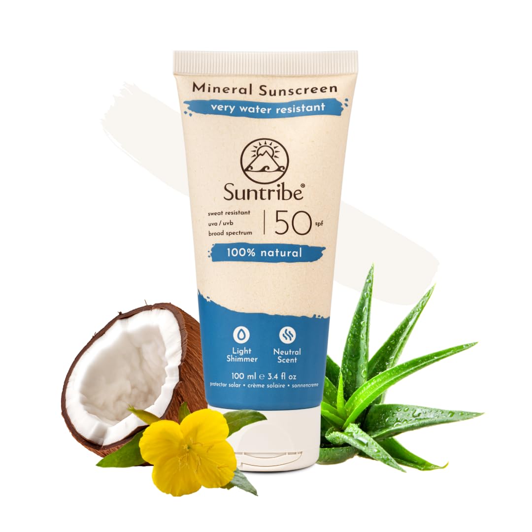 Suntribe Active Natural Mineral Sunscreen SPF 50-100 ml, Organic - 100% Natural & Reef Safe, Non-Nano Mineral UV-Filters, Very Water Resistant, Sweat Resistant - White Shimmer