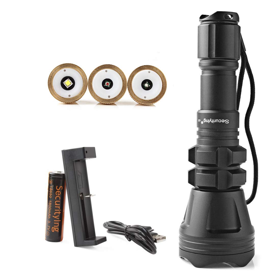 SecurityIng Body Rotatable Hunting Flashlight Red/Green/White Led 900LM Zoomable Waterproof Tactical Torch + Remote Pressure Switch + Battery