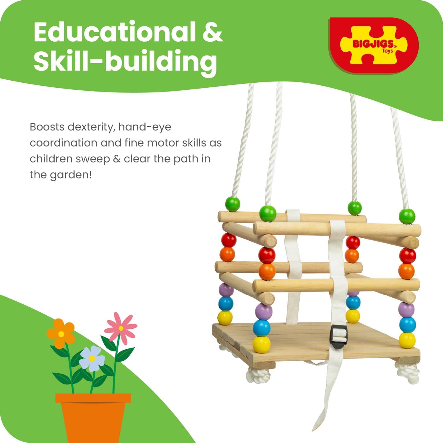 Bigjigs Toys Wooden Cradle Baby Swing | Outdoor Hanging Chair Set with Adjustable Rope | Kids Garden Furniture with Beads for Infant Sensory Play | Rocking Seat for Babies from 18 Months Old