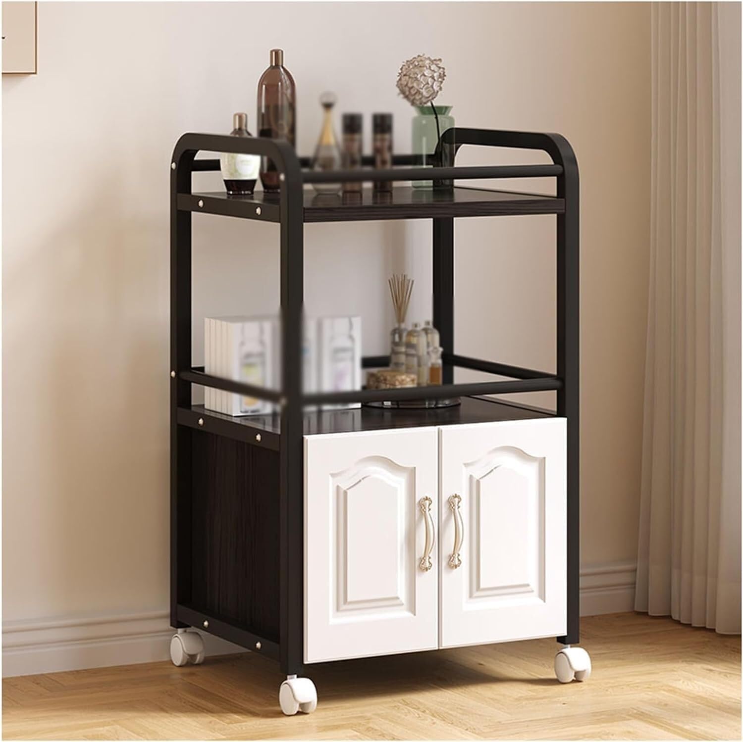 SSDDLZEQ Mobile Salon Station, Salon Trolley Steel Frame Salon Cart With Guardrail And Cabinet Salon Rolling Cart Load 40kg Trolley Cart Salon Trolley Cart(Schwarz)