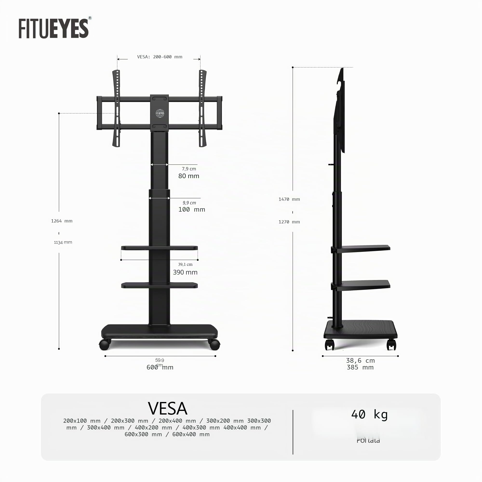 FITUEYES Supporto TV Da Pavimento Mobile Con 3 Ripiani Per TV 32–70 Pollici Fino A 40 Kg, Altezza Regolabile E Girevole, VESA Massimo 600×400, Ideale Per Appartamenti E Uffici