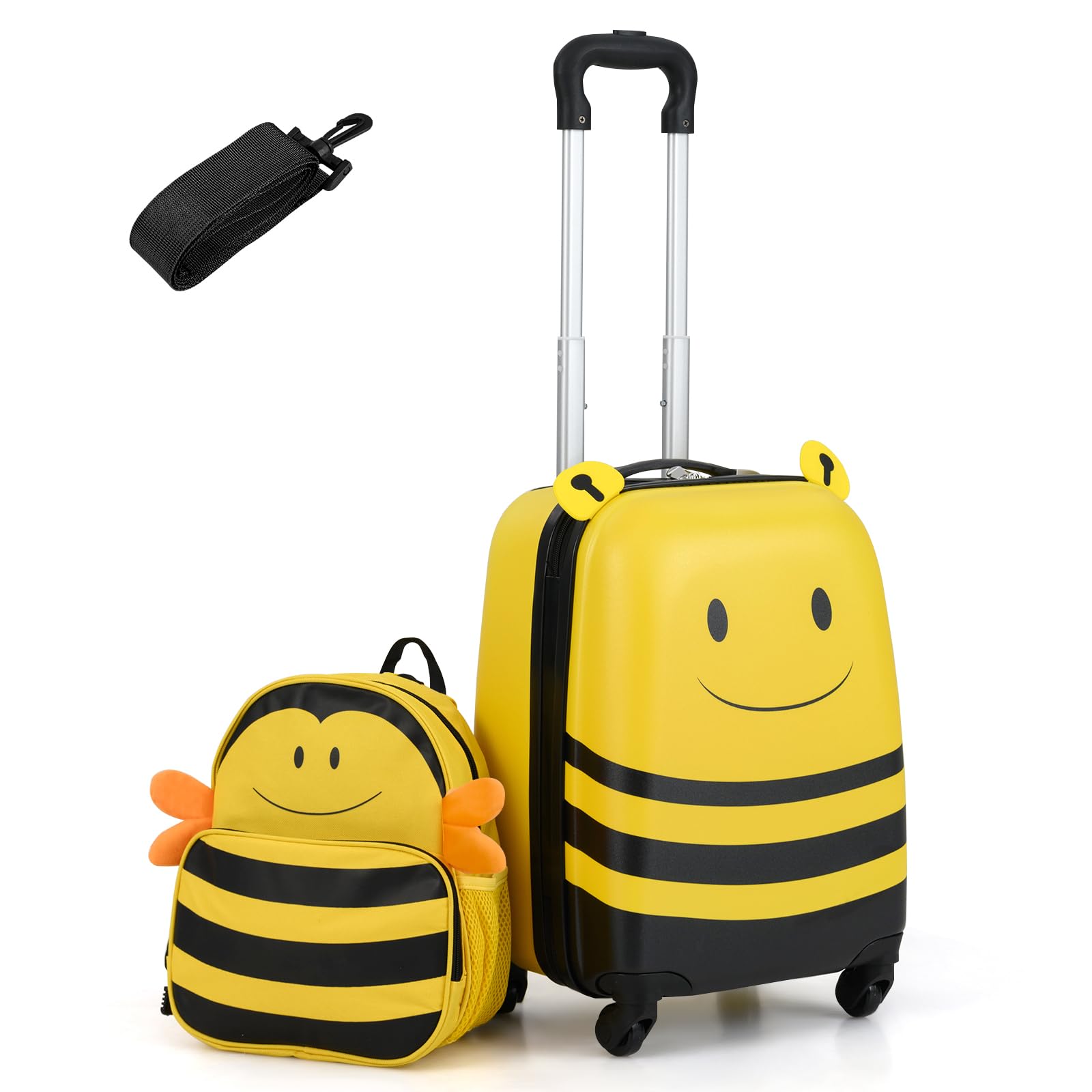 GOPLUS Kinderkoffer 2 TLG. mit Rucksack, Reisekoffer Set Kinder mit niedlichem Bienen-Rucksack & 18 Zoll Rollkoffer, 12”+16” Kindertrolley aus Kunststoff, Kindergepäck Flugzeug für Jungen & Mädchen