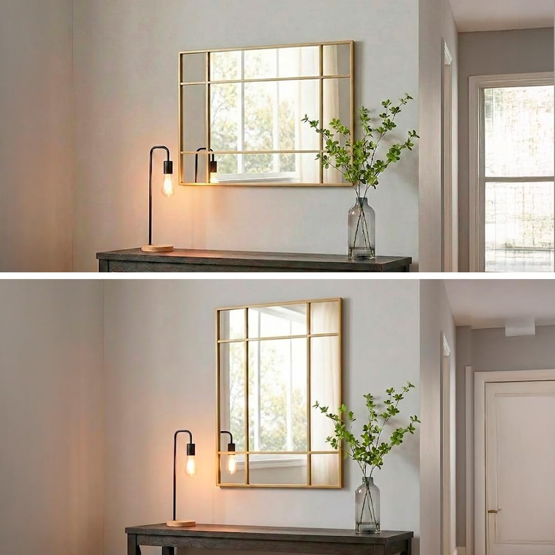 Marctani Specchio da parete per finestra, 90 x 60 cm, specchio industriale decorativo con cornice in metallo, design rettangolare effetto finestra per ingresso, ingresso e soggiorno