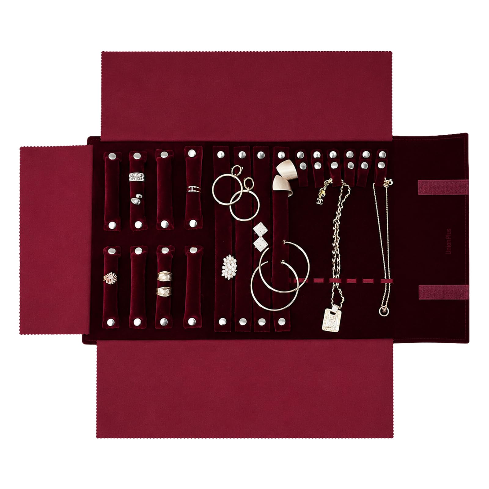 UnionPlus Velvet Jewelry Case Roll Bag for Necklace Bracelet Earrings Rings Multi-compartments, Great Jewelry Organizer for Travel, Burgundy